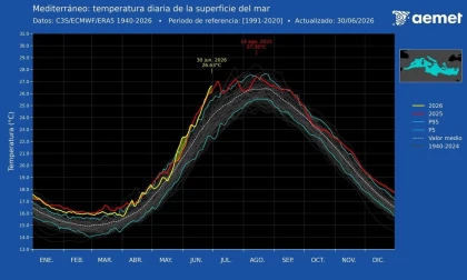 La temperatura del Mediterráneo llegó a estar a 26,63ºC a finales de junio, 2,6ºC por encima de lo normal