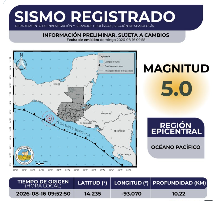 Sismo de magnitud 5.0 registrado en el Pacífico