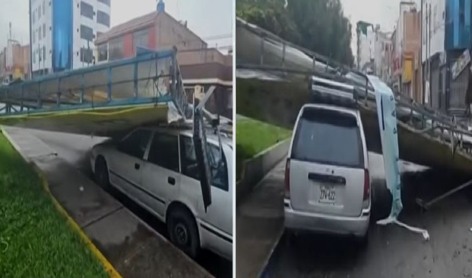 Fuertes vientos en Tacna derriban panel publicitario sobre vehículo