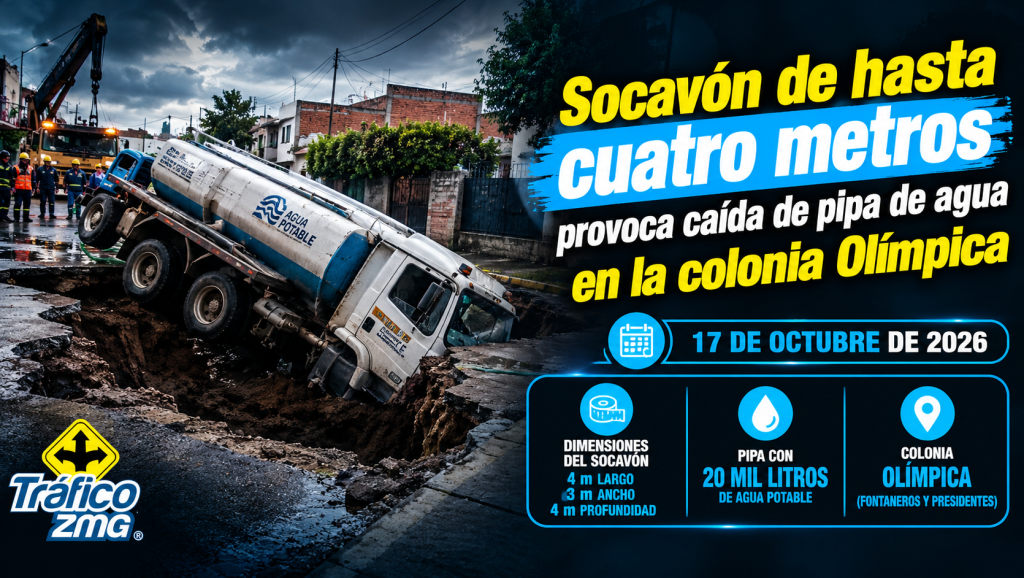 Socavón causa caída de pipa en colonia Olímpica